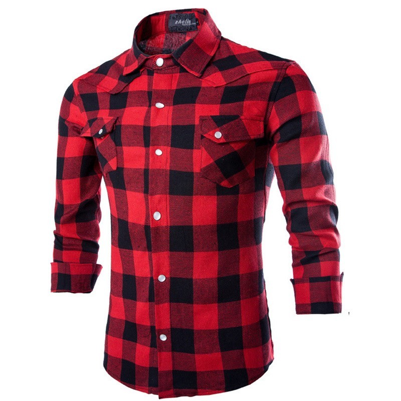 Camisa Xadrez Vermelha Masculina Manca Longa Elegante