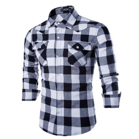 Shirt Men's Gray Plaid Manca Long Elegant Party Club