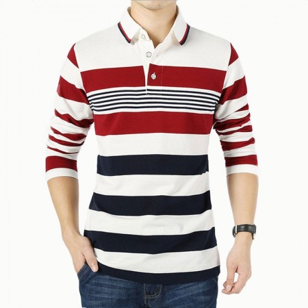 T-Shirt Polo Striped Stylish Men's Long Sleeve