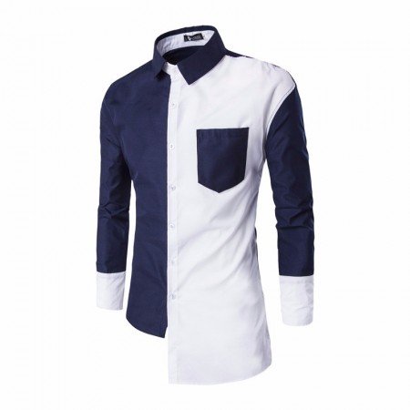 Asymmetrical Design Men's Casual Blue and White Casual Social Button