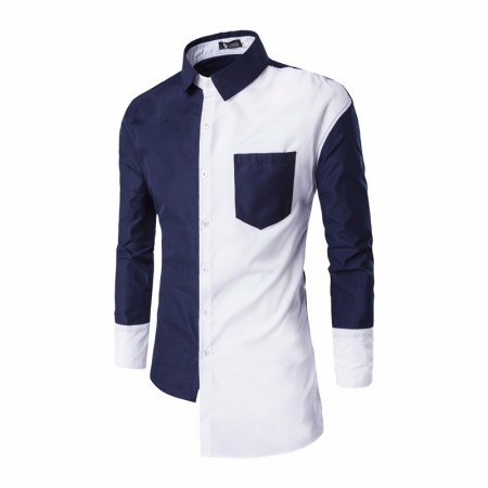 Camisa Design Assimétrico Azul e Branco Masculina Casual Social de Botão