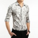 Men's Floral Slim Fit Social Shirt Vintage White Long Sleeve