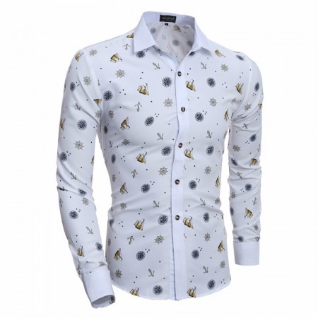 Fun Funny Printed Shirt Slim Fit Slim White Men's Casual Dress