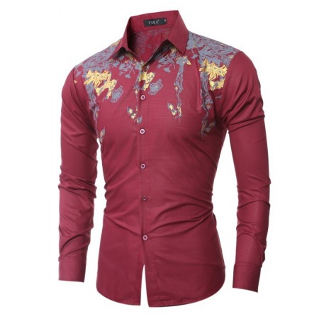 Tropical Slim Red Shirts Casual Men's Casual Casual Long Sleeve Social