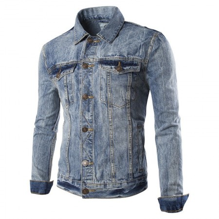 Men's Jeans Jacket Light Blue Washed Biker Adventure