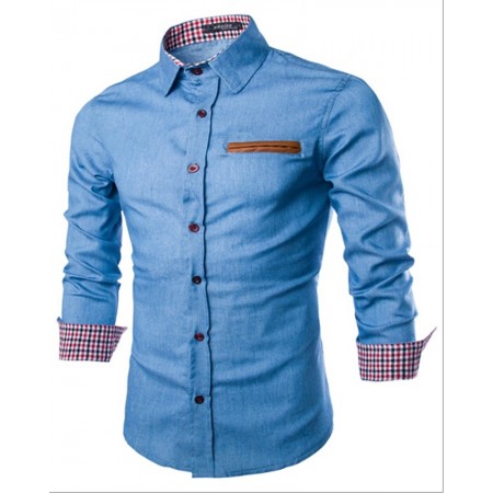 Social Sky Blue Slim Fit Men's Casual Slim Casual Long Sleeve Button