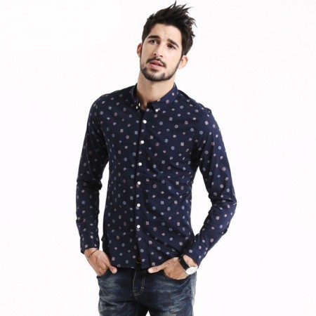 Camisa Social Casual Estampada Slim Fit Masculina Azul Marinho Manga Longa