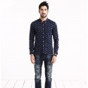 Camisa Social Casual Estampada Slim Fit Masculina Azul Marinho Manga Longa