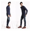 Camisa Social Casual Estampada Slim Fit Masculina Azul Marinho Manga Longa