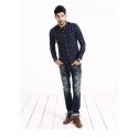 Camisa Social Casual Estampada Slim Fit Masculina Azul Marinho Manga Longa