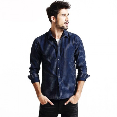 Camisa Listrada Azul Marinho Social Masculina Casual Elegante