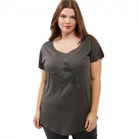 Blusa Plus Size Feminina Casual Estrela Cinza Tamanho Grande Camiseta