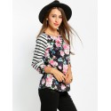 Blusa Feminina Floral Listrada Manga Longa Preto e Branca Linda Casual