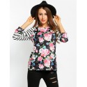 Blusa Feminina Floral Listrada Manga Longa Preto e Branca Linda Casual