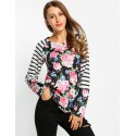 Blusa Feminina Floral Listrada Manga Longa Preto e Branca Linda Casual