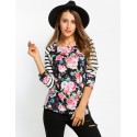 Blusa Feminina Floral Listrada Manga Longa Preto e Branca Linda Casual