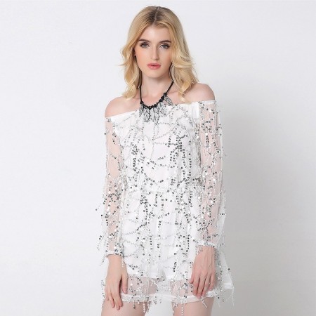 White Lady Short Dress Shiny Fashion Female Shoulder Dropped