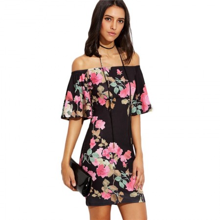 Vestido Curto Floral Preto Ombro Caido Verão Casual Slim Bonito Manga 3/4