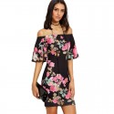 Short Floral Dress Black Shoulder Fallen Casual Summer Slim Cute 3/4 Sleeve