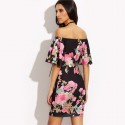 Short Floral Dress Black Shoulder Fallen Casual Summer Slim Cute 3/4 Sleeve