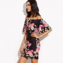 Short Floral Dress Black Shoulder Fallen Casual Summer Slim Cute 3/4 Sleeve