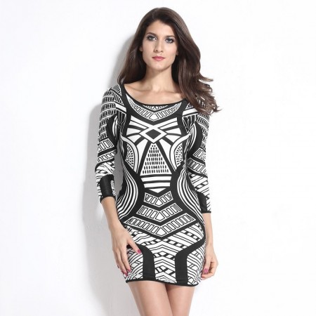 Dresses Black and White Print Geometric Vintage Long Sleeve