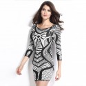 Dresses Black and White Print Geometric Vintage Long Sleeve