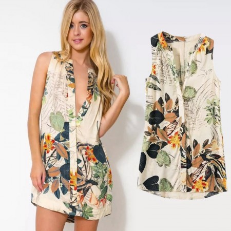 Tropical Floral Dress Beige Patterned Flowers Summer Beach Fashion