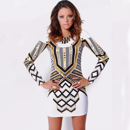 Midi Dress Carnival White and Gold Female Long Sleeve Flamboyant