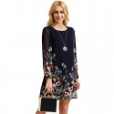 801/5000 Floral Casual Dress in Chiffon Navy Blue Long Sleeve Day & Labor
