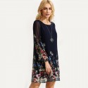 801/5000 Floral Casual Dress in Chiffon Navy Blue Long Sleeve Day & Labor