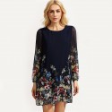 801/5000 Floral Casual Dress in Chiffon Navy Blue Long Sleeve Day & Labor