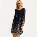 801/5000 Floral Casual Dress in Chiffon Navy Blue Long Sleeve Day & Labor