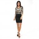 Midi Black And Gold Party Dress With Crystals 3/4 Sleeve Leopard