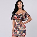 Floral Print Dress Dark Shoulder-to-Shoulder Ruffled Hawaiian Beach Fashion