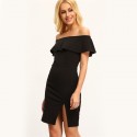 Black Basic Dress Dropped Shoulder with Ruffled Legs on Female Leg