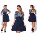 Vestido Azul Marinho Cintura Alta Femini Floral Manga 3/4 Jovem Princesa