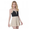 Summer Dress Calitta Beige Color and Black Embroidery in Lace Stitch High Skirt
