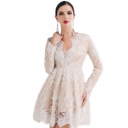 Vestido Madrinha de Casamento Bordado Floral em Renda Branco Bege Diamante