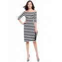 Dress Striped Medium Knee Sleeve 3/4 Social Shoulder Dropped Light Color Black and White