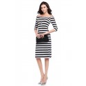 Dress Striped Medium Knee Sleeve 3/4 Social Shoulder Dropped Light Color Black and White