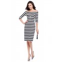 Dress Striped Medium Knee Sleeve 3/4 Social Shoulder Dropped Light Color Black and White