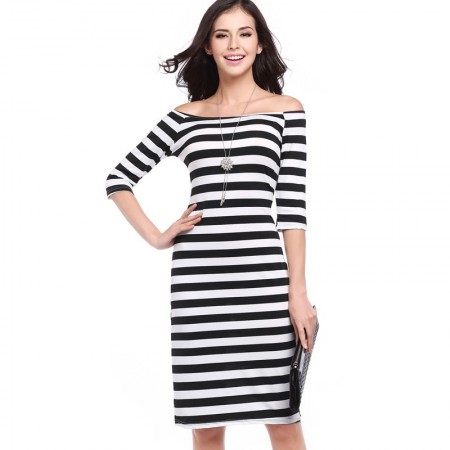 Dress Striped Medium Knee Sleeve 3/4 Social Shoulder Dropped Light Color Black and White