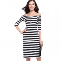 Dress Striped Medium Knee Sleeve 3/4 Social Shoulder Dropped Light Color Black and White