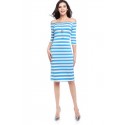 Dress Striped Medium Knee Sleeve 3/4 Social Shoulder Dropped Light color Blue