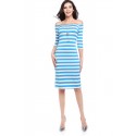 Dress Striped Medium Knee Sleeve 3/4 Social Shoulder Dropped Light color Blue