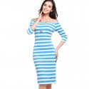 Dress Striped Medium Knee Sleeve 3/4 Social Shoulder Dropped Light color Blue