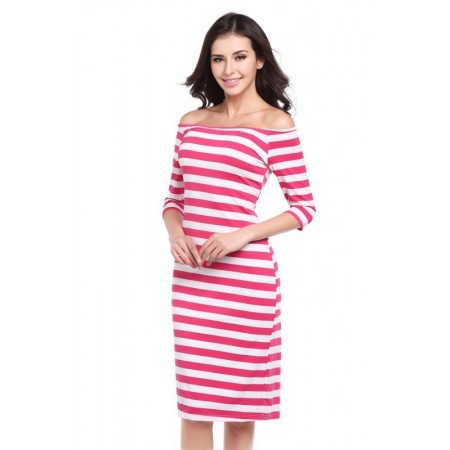 Dress Striped Medium Knee Sleeve 3/4 Social Shoulder Dropped Light Pink