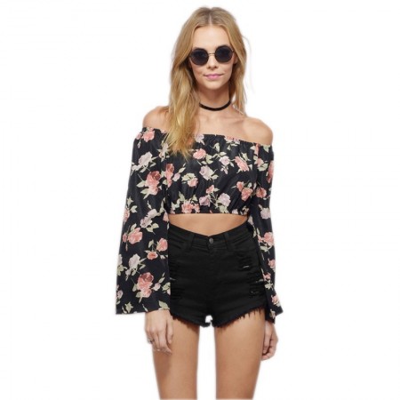 Mini Floral Female Blouse Fallen Shoulder Black Fashion Beach Summer Print