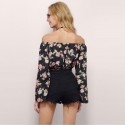 Mini Blusa Feminina Floral Ombro Caído Preta Moda Praia Verão Estampada